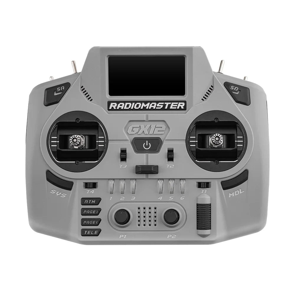 Gray RadioMaster GX12 Crush, front view with antennas folded