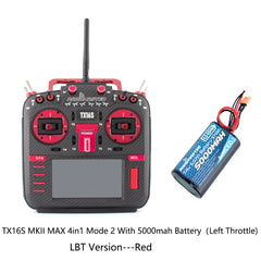 Red RadioMaster TX16S MKII MAX 4in1 Mode 2 LBT transmitter with 5000mAh battery, front view