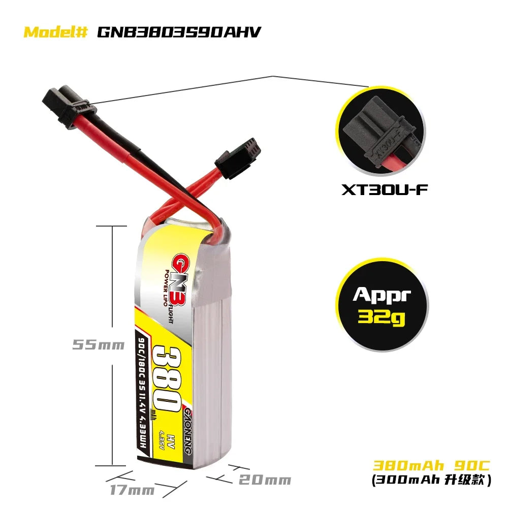 Gaoneng GNB 380mAh HV LiPo Battery 90C/180C XT30 — 2S / 3S / 4S / 6S Tiny Whoop FPV
