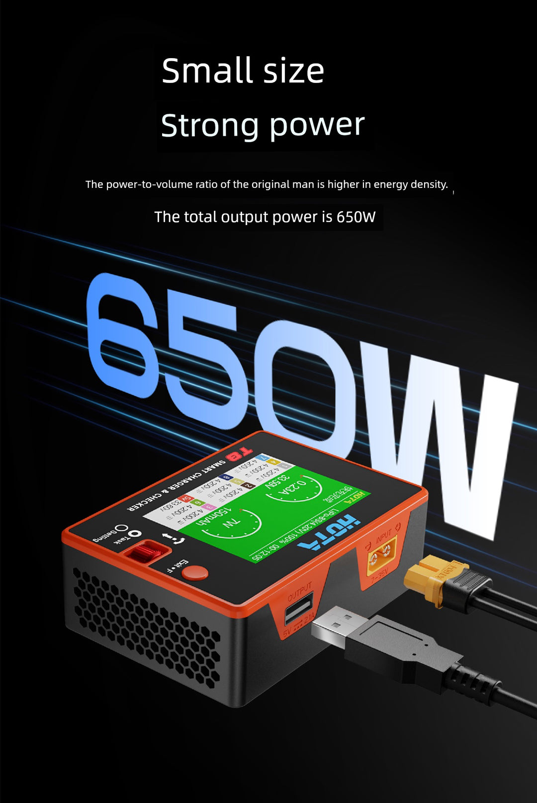 HOTA T8 Smart Balance Charger — 8S LiPo/LiHV/LiFe, 650W, 22A, Magnetic Port, Bilingual Display