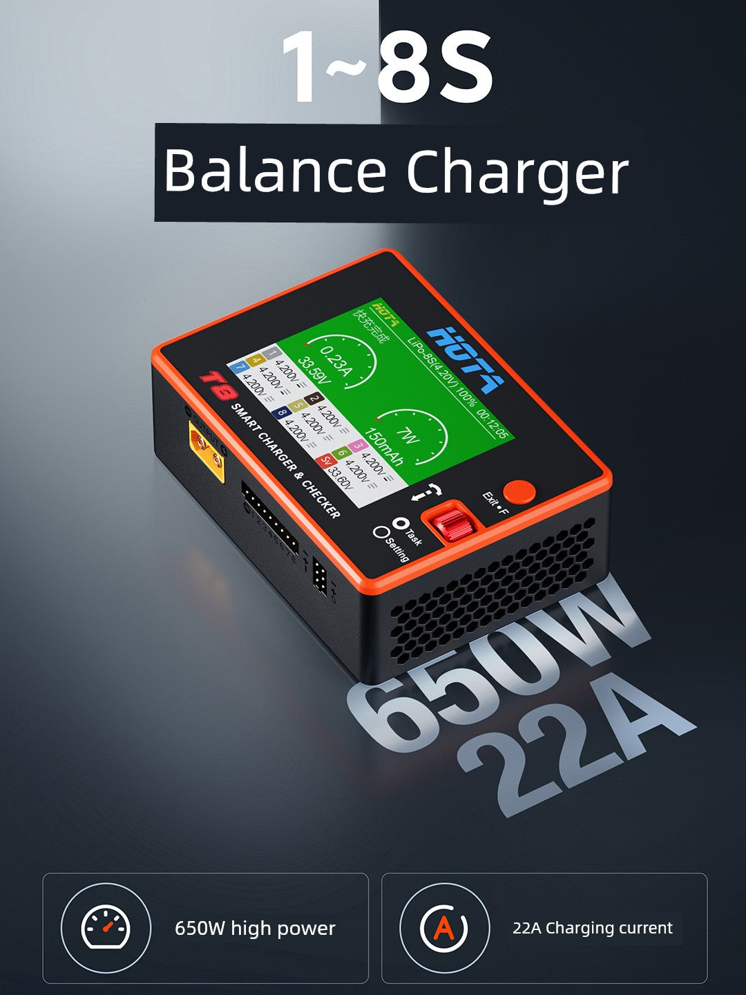HOTA T8 Smart Balance Charger — 8S LiPo/LiHV/LiFe, 650W, 22A, Magnetic Port, Bilingual Display