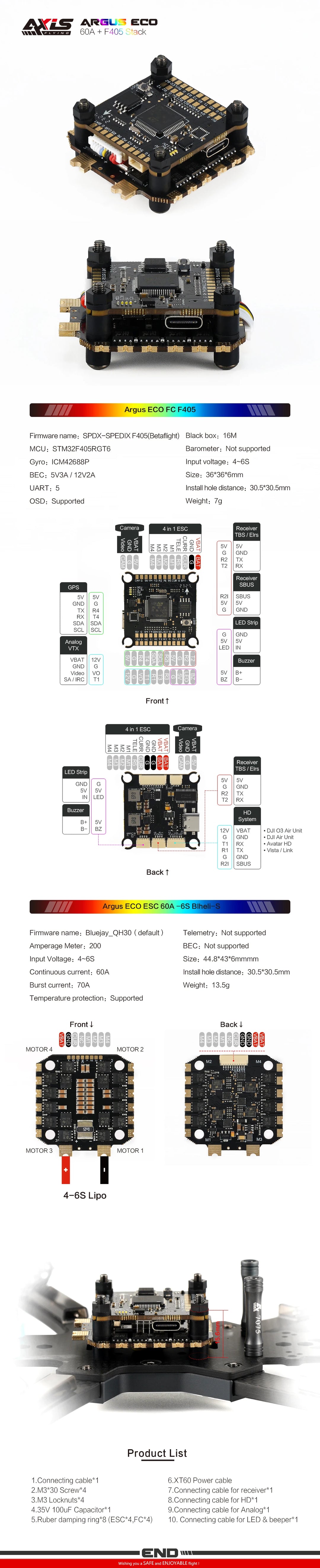 AxisFlying Argus ECO STACK 60A ESC +F405 Flight Controller 6S for FPV Freestyle Drones DIY Parts - Thedroneflight
