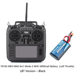 Black RadioMaster TX16S MKII MAX 4in1 Mode 2 LBT transmitter with 5000mAh battery, front view