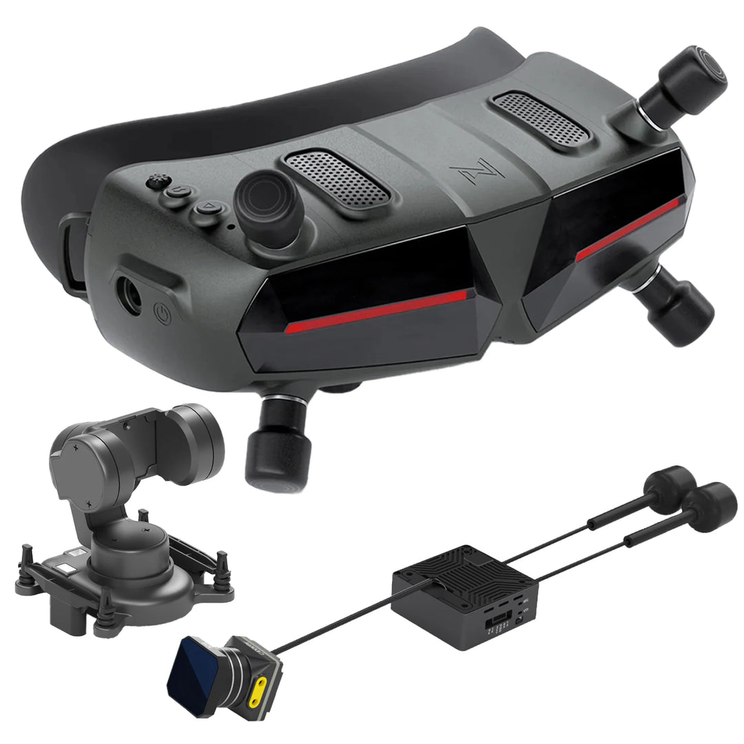 Walksnail Avatar Goggles X with gimbal-mounted camera and enclosed video transmitter kit