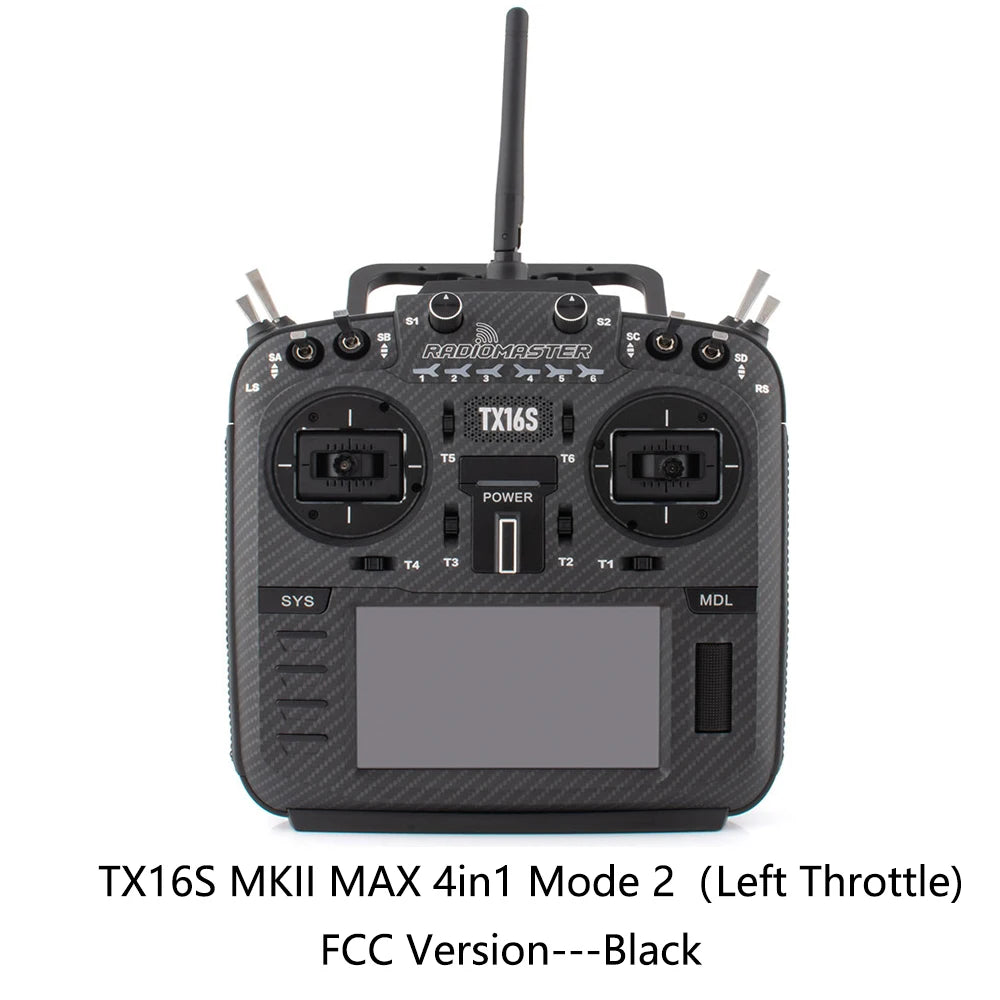Black RadioMaster TX16S MKII MAX 4in1 Mode 2 FCC transmitter, front view