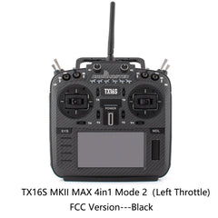Black RadioMaster TX16S MKII MAX 4in1 Mode 2 FCC transmitter, front view