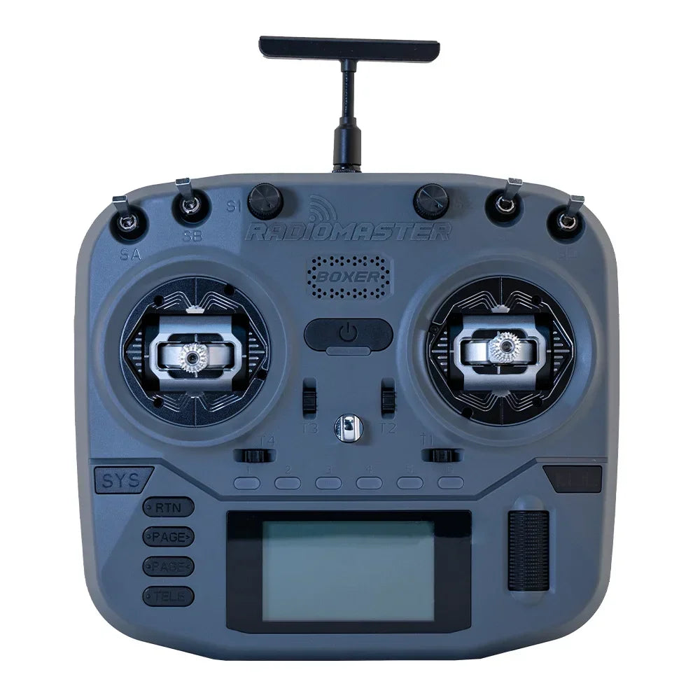 Gray RadioMaster Boxer Crush transmitter, front view