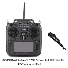 Black RadioMaster TX16S MKII MAX 4in1 Mode 2 FCC transmitter with neck strap, front view