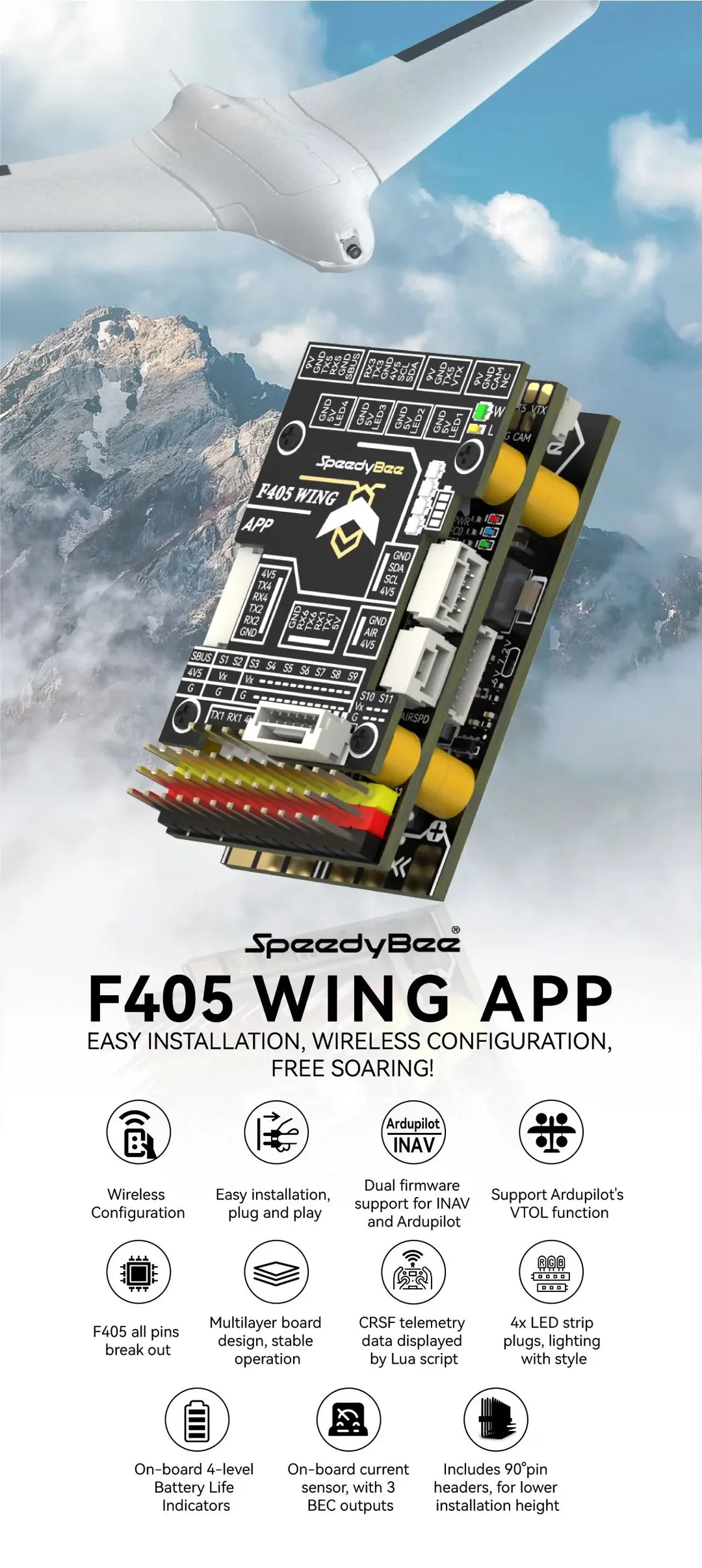 SpeedyBee F405 WING APP FC, Fixed Wing RC Plane Board, Reliable Flight Control, Compact & Easy to Configure