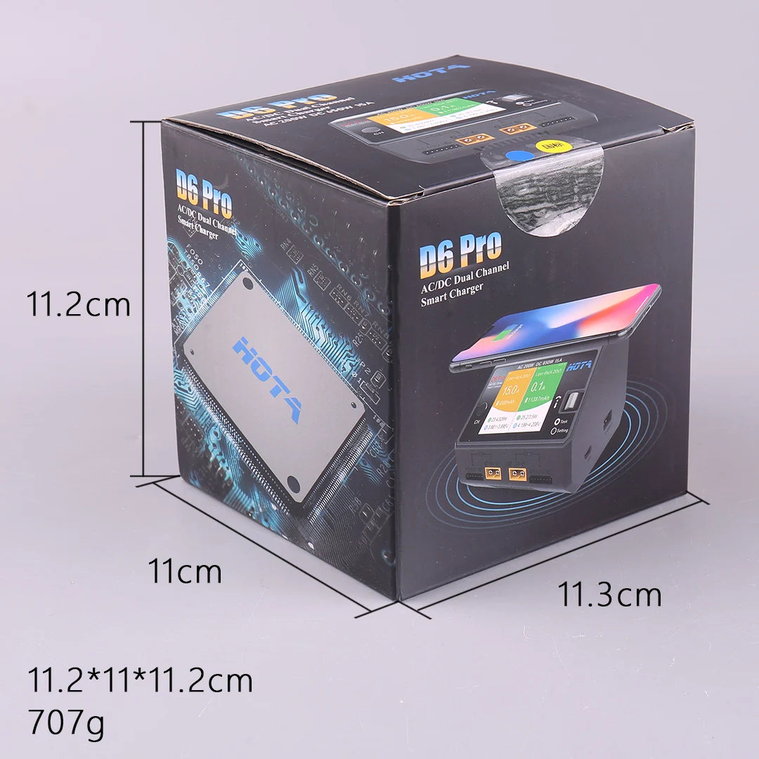 HOTA D6 Pro Dual-Channel Smart Charger — AC 200W / DC 650W, 15A×2, 1–6S LiPo/LiHV/LiFe, App Control, Wireless Charging
