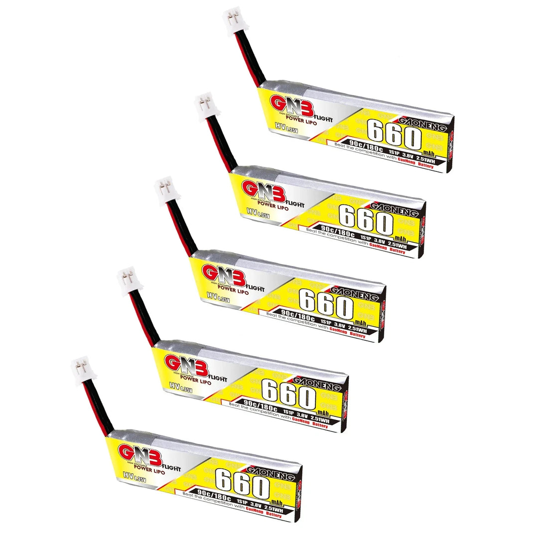 Gaoneng GNB 660mAh 1S HV LiPo Battery 90C PH2.0 — 5-Pack for Tiny Whoop FPV