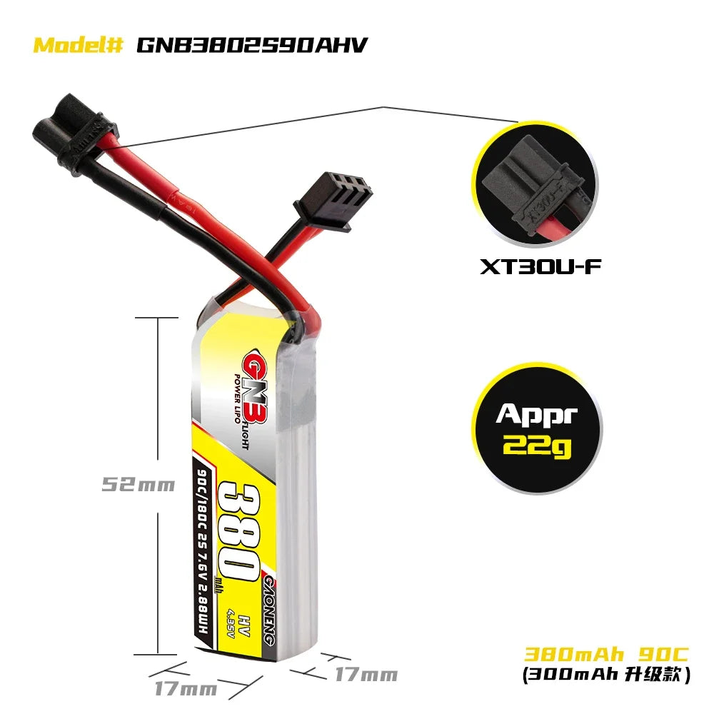 Gaoneng GNB 380mAh HV LiPo Battery 90C/180C XT30 — 2S / 3S / 4S / 6S Tiny Whoop FPV
