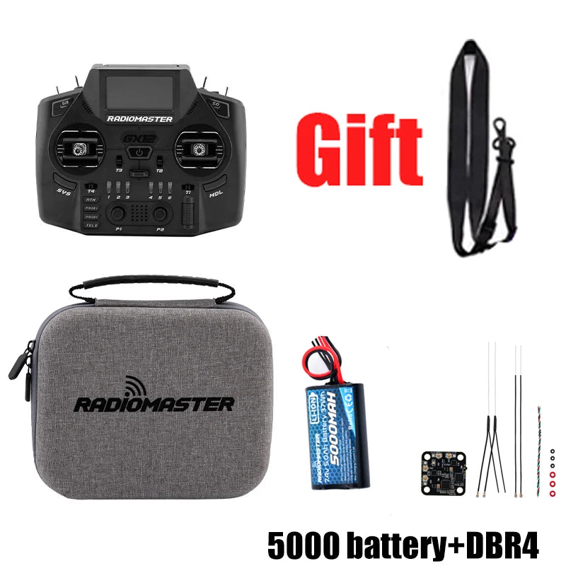 RadioMaster GX12 with case, neck strap, 5000mAh battery and DBR4 receiver