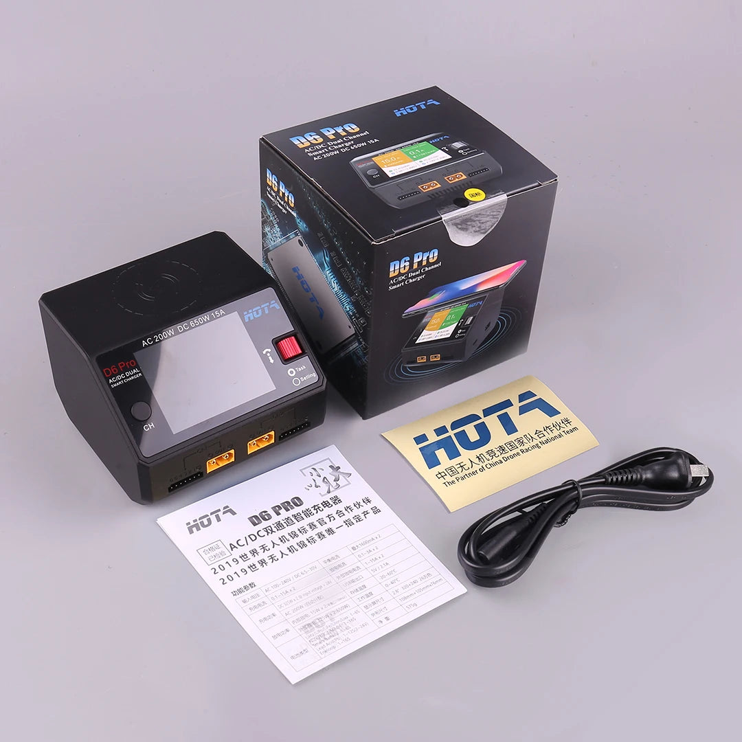 HOTA D6 Pro Dual-Channel Smart Charger — AC 200W / DC 650W, 15A×2, 1–6S LiPo/LiHV/LiFe, App Control, Wireless Charging