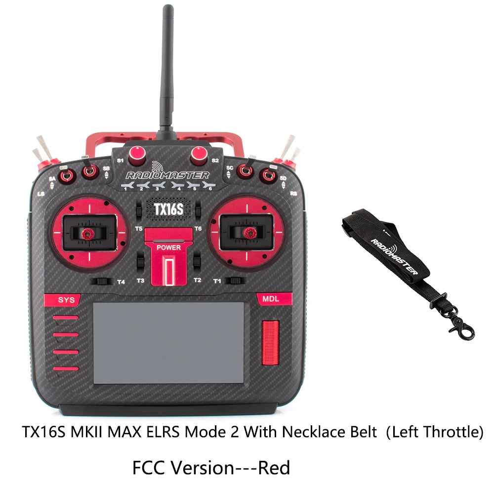 Red RadioMaster TX16S MKII MAX ELRS Mode 2 FCC transmitter with neck strap, front view