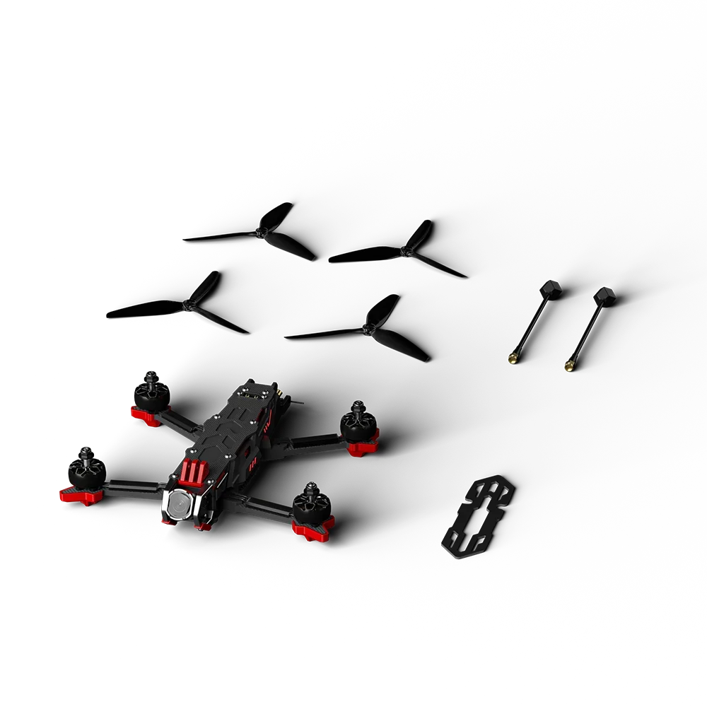 iFlight CineFlow 5 with detached propellers, antennas and mounting plate arranged beside it