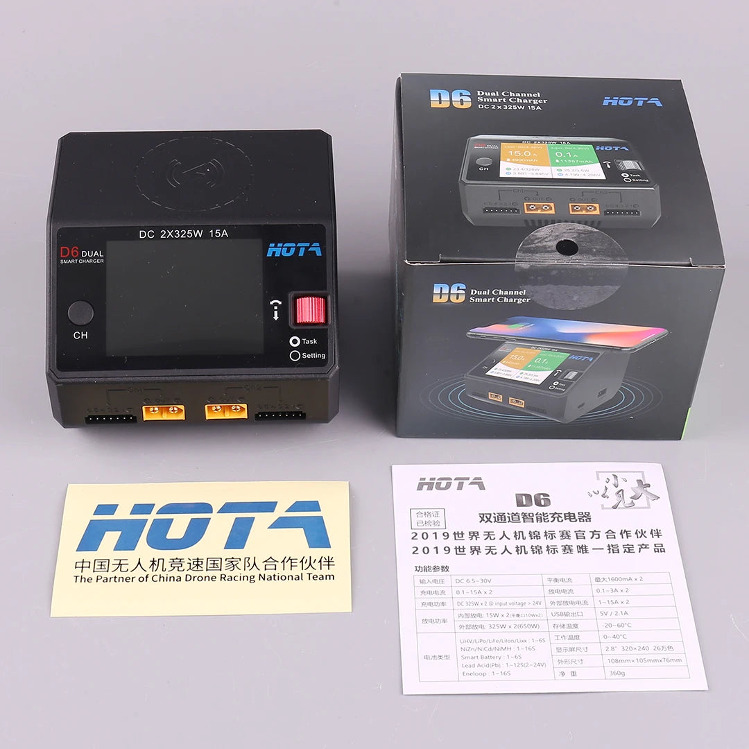 HOTA D6 Pro Dual-Channel Smart Charger — AC 200W / DC 650W, 15A×2, 1–6S LiPo/LiHV/LiFe, App Control, Wireless Charging