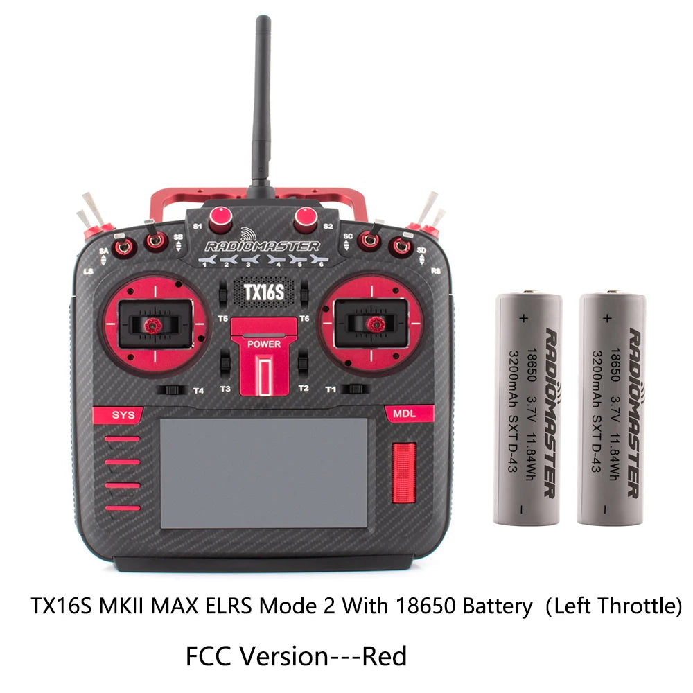Red RadioMaster TX16S MKII MAX ELRS Mode 2 FCC transmitter with two 18650 batteries, front view