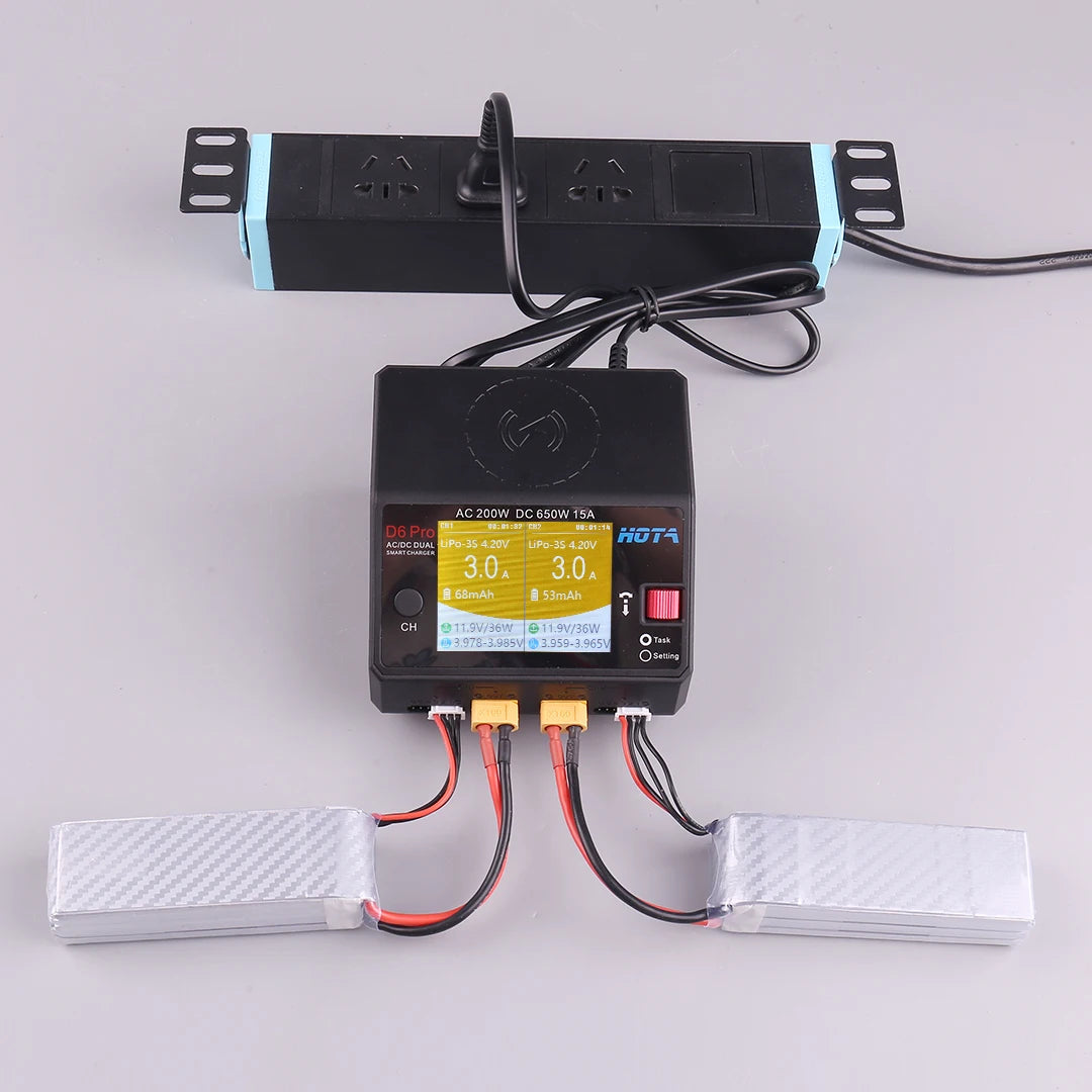HOTA D6 Pro Dual-Channel Smart Charger — AC 200W / DC 650W, 15A×2, 1–6S LiPo/LiHV/LiFe, App Control, Wireless Charging