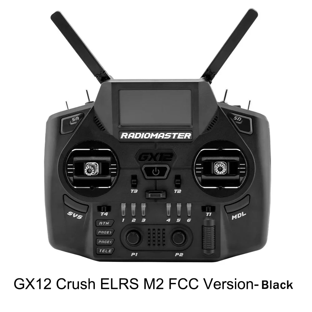 Black RadioMaster GX12 Crush ELRS Mode 2 FCC transmitter, front view