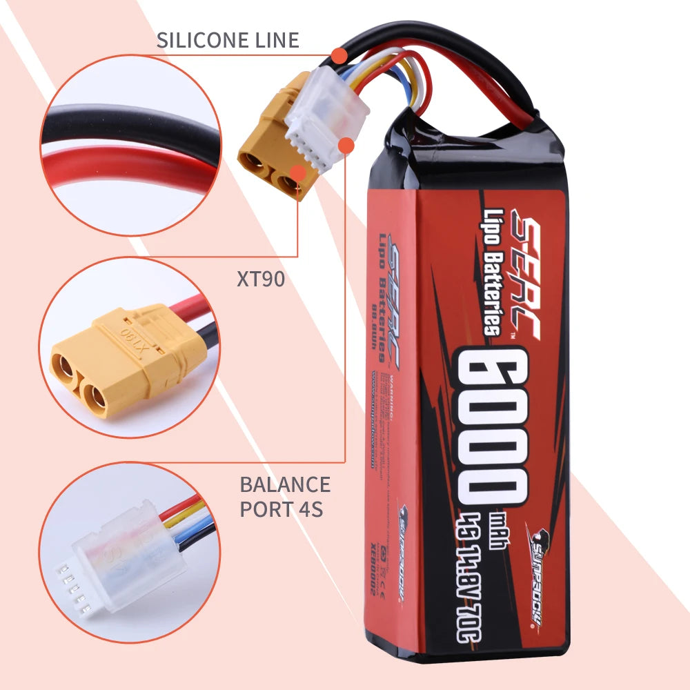 SUNPADOW 4S Rechargeable Lipo Battery 14.8V 6000mAh 70C Soft Pack with XT90 for RC Buggy Truggy Vehicles Car Boat TrucK Tank