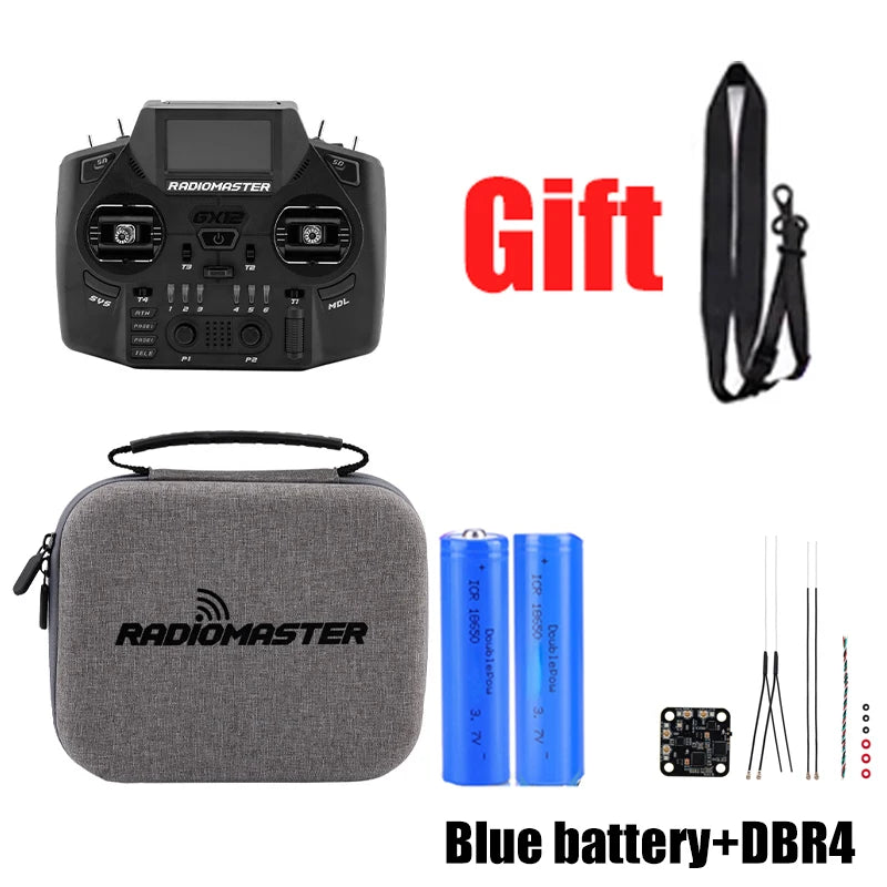RadioMaster GX12 with case, neck strap, two blue batteries and DBR4 receiver