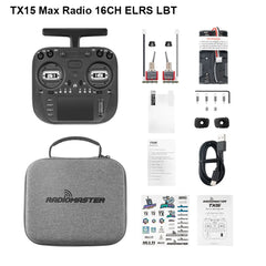 Silver-accented RadioMaster TX15 MAX ELRS LBT kit with case, cable and accessories