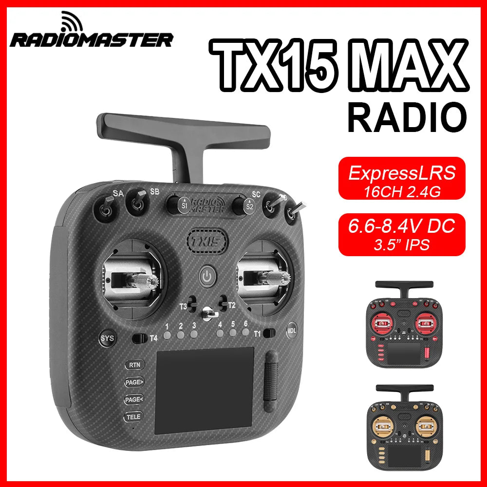 RadioMaster TX15 MAX feature graphic showing silver, red and gold control accents