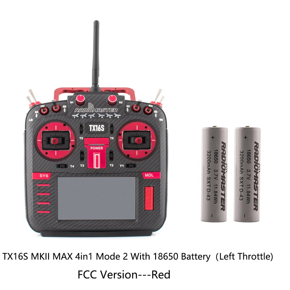 Red RadioMaster TX16S MKII MAX 4in1 Mode 2 FCC transmitter with two 18650 batteries, front view
