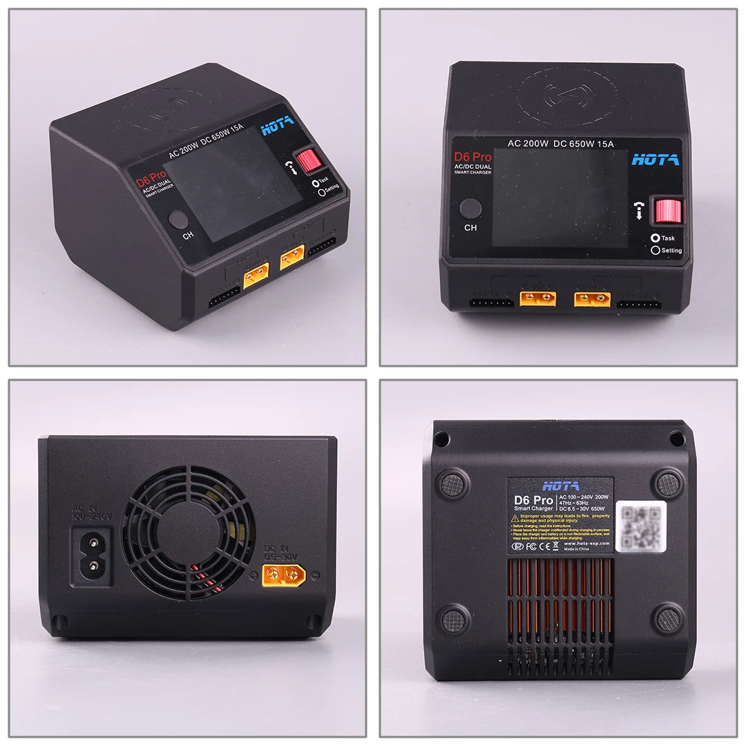 HOTA D6 Pro Dual-Channel Smart Charger — AC 200W / DC 650W, 15A×2, 1–6S LiPo/LiHV/LiFe, App Control, Wireless Charging