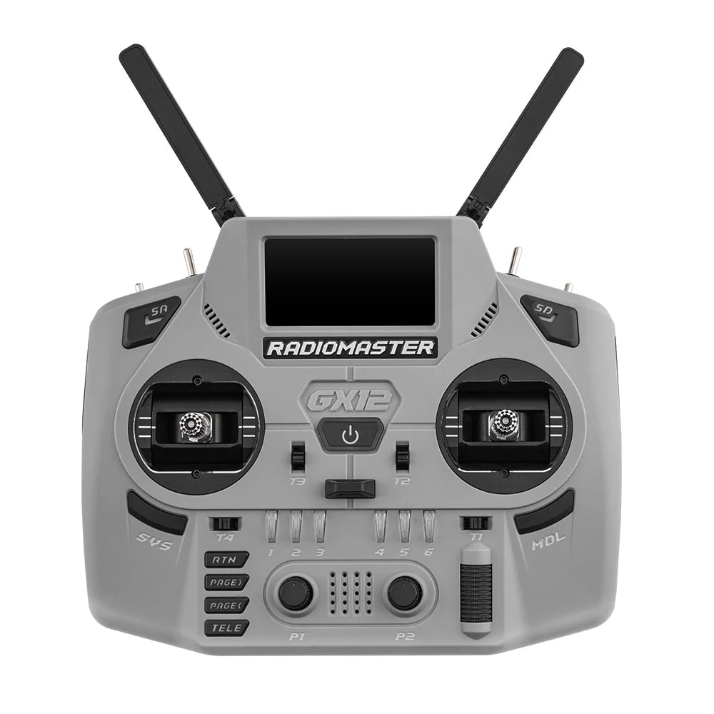 Gray RadioMaster GX12 Crush, front view with dual antennas extended