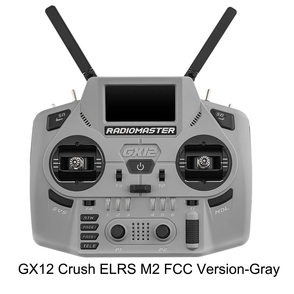 Gray RadioMaster GX12 Crush ELRS Mode 2 FCC transmitter, front view