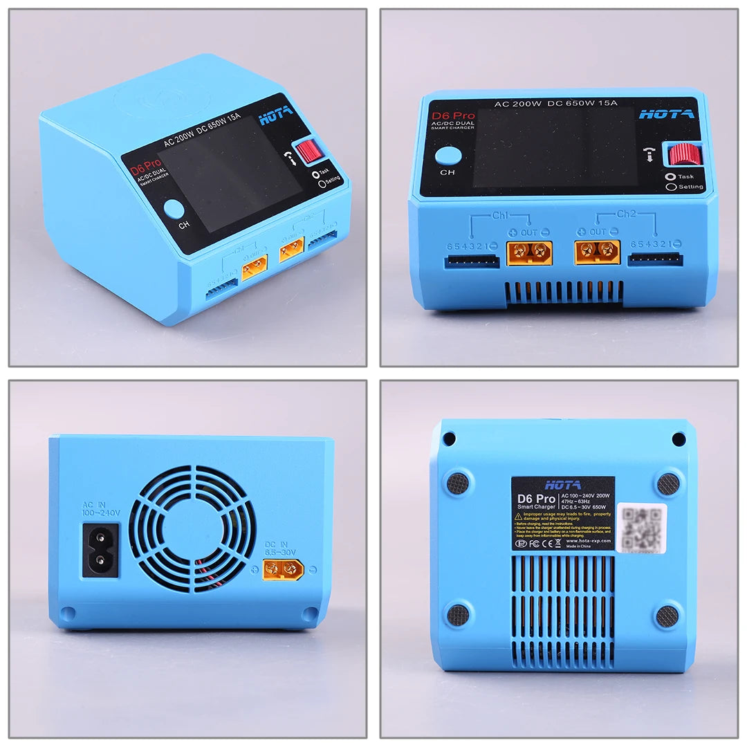 HOTA D6 Pro Dual-Channel Smart Charger — AC 200W / DC 650W, 15A×2, 1–6S LiPo/LiHV/LiFe, App Control, Wireless Charging