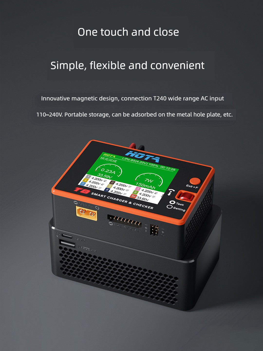 HOTA T8 Smart Balance Charger — 8S LiPo/LiHV/LiFe, 650W, 22A, Magnetic Port, Bilingual Display