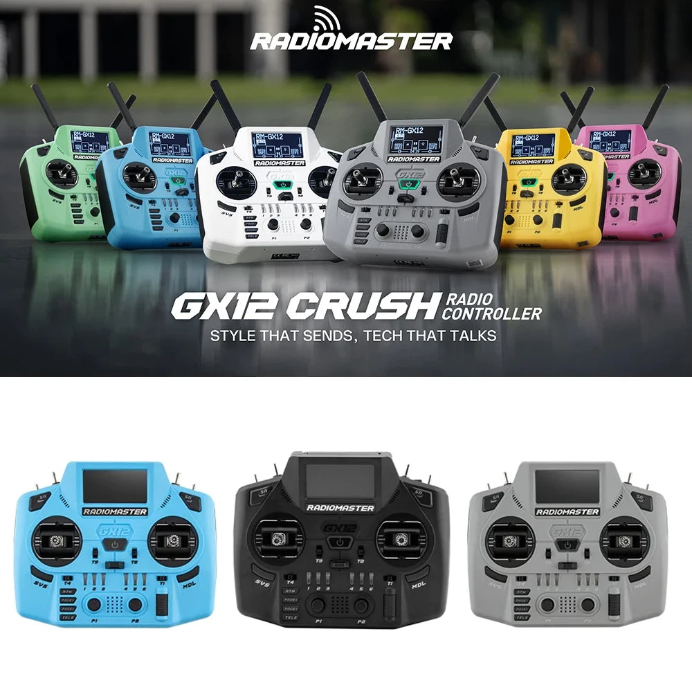 RadioMaster GX12 Crush color lineup with blue, black and gray controller views