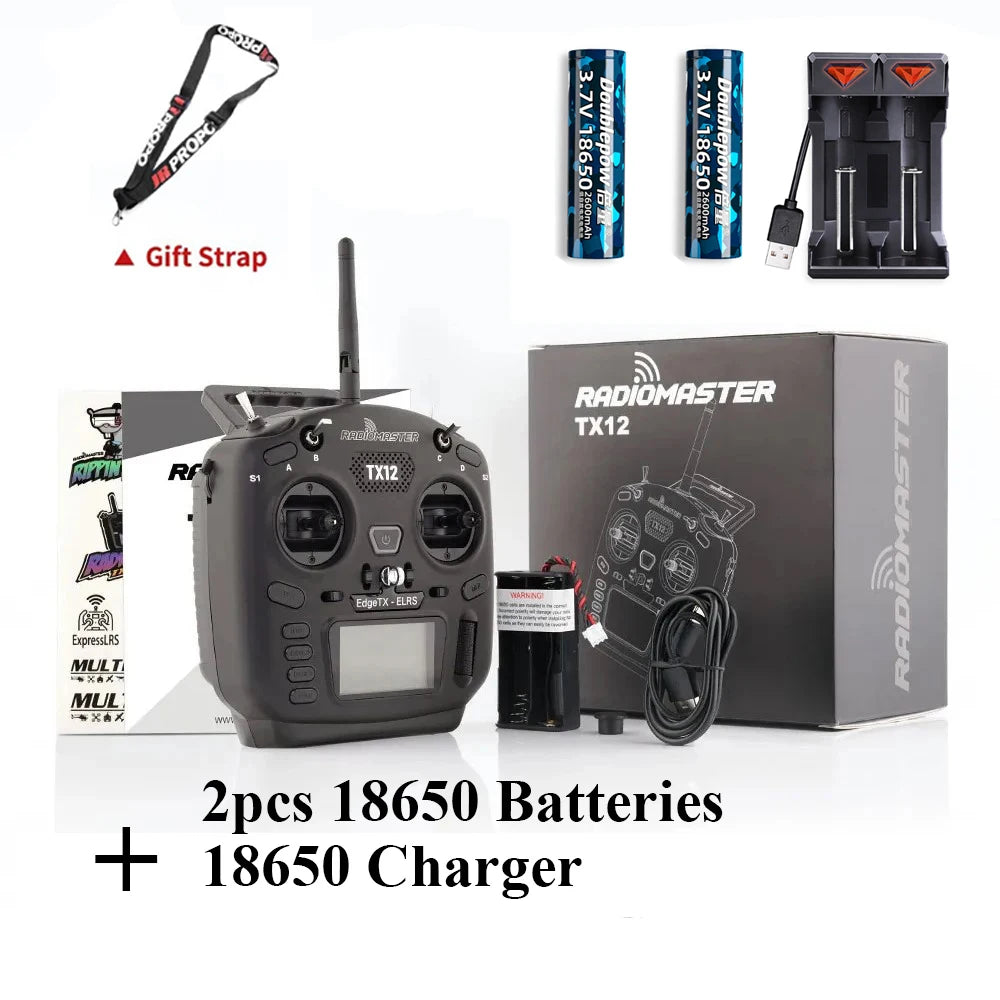 RadioMaster TX12 MKII package with neck strap, two 18650 batteries and charger