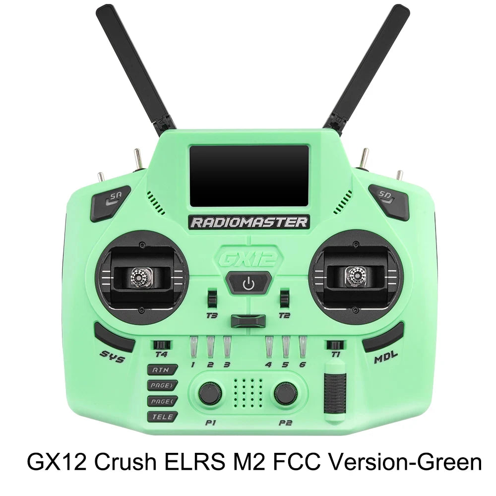 Green RadioMaster GX12 Crush ELRS Mode 2 FCC transmitter, front view