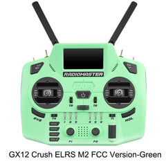 Green RadioMaster GX12 Crush ELRS Mode 2 FCC transmitter, front view