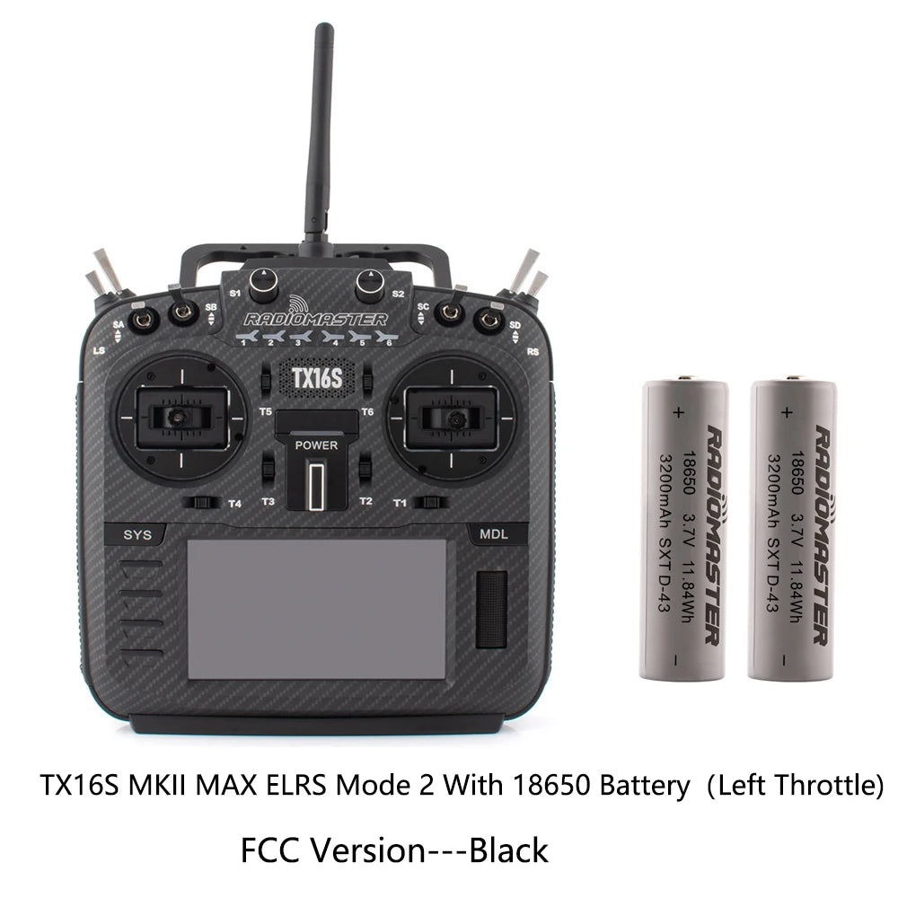 Black RadioMaster TX16S MKII MAX ELRS Mode 2 FCC transmitter with two 18650 batteries, front view