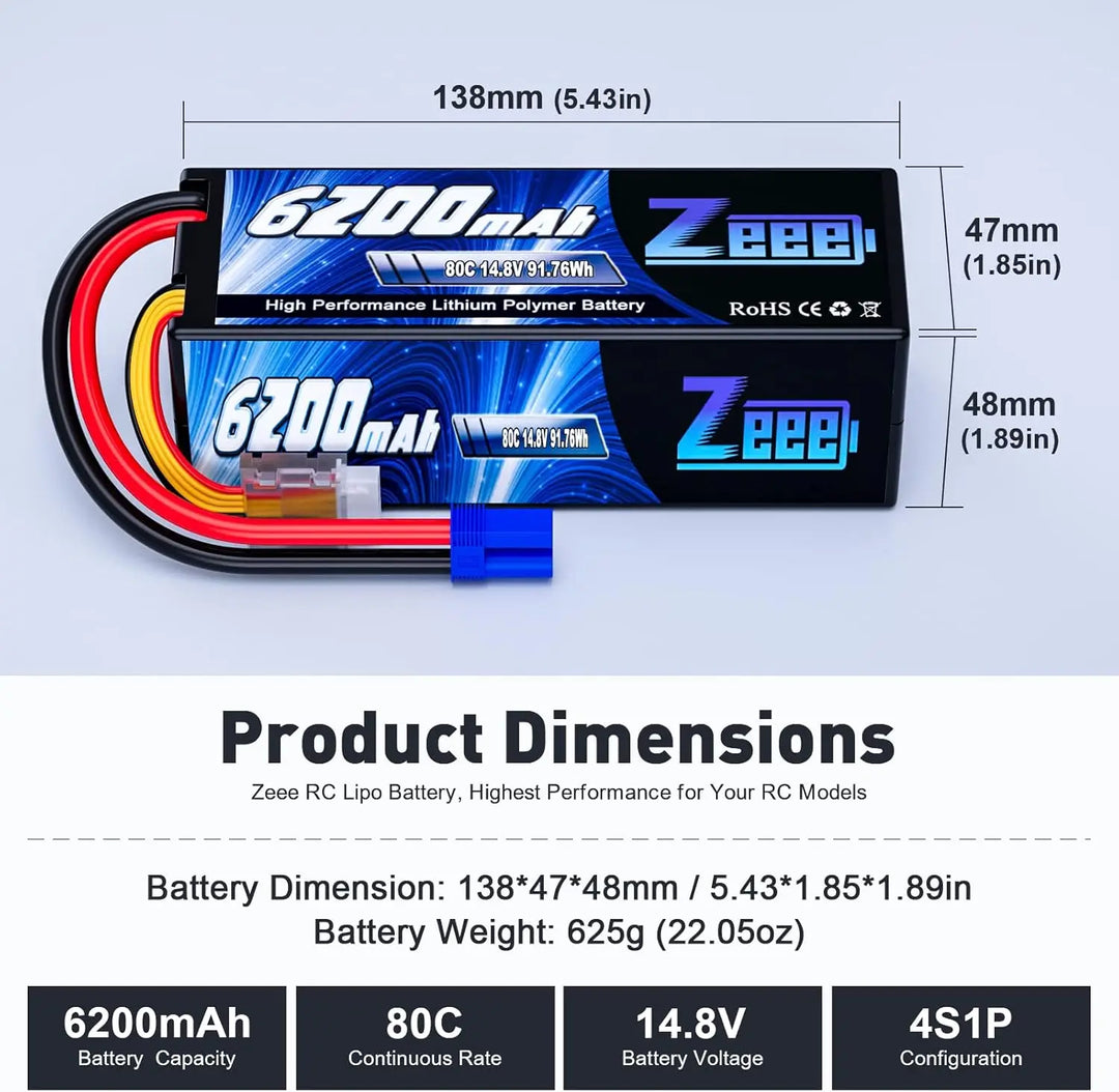 Zeee 4S 6200mAh LiPo Battery 14.8V 80C Hardcase EC5 Plug - RC Car Buggy Truggy Racing