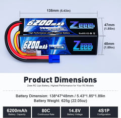 Zeee 4S 6200mAh LiPo Battery 14.8V 80C Hardcase EC5 Plug - RC Car Buggy Truggy Racing