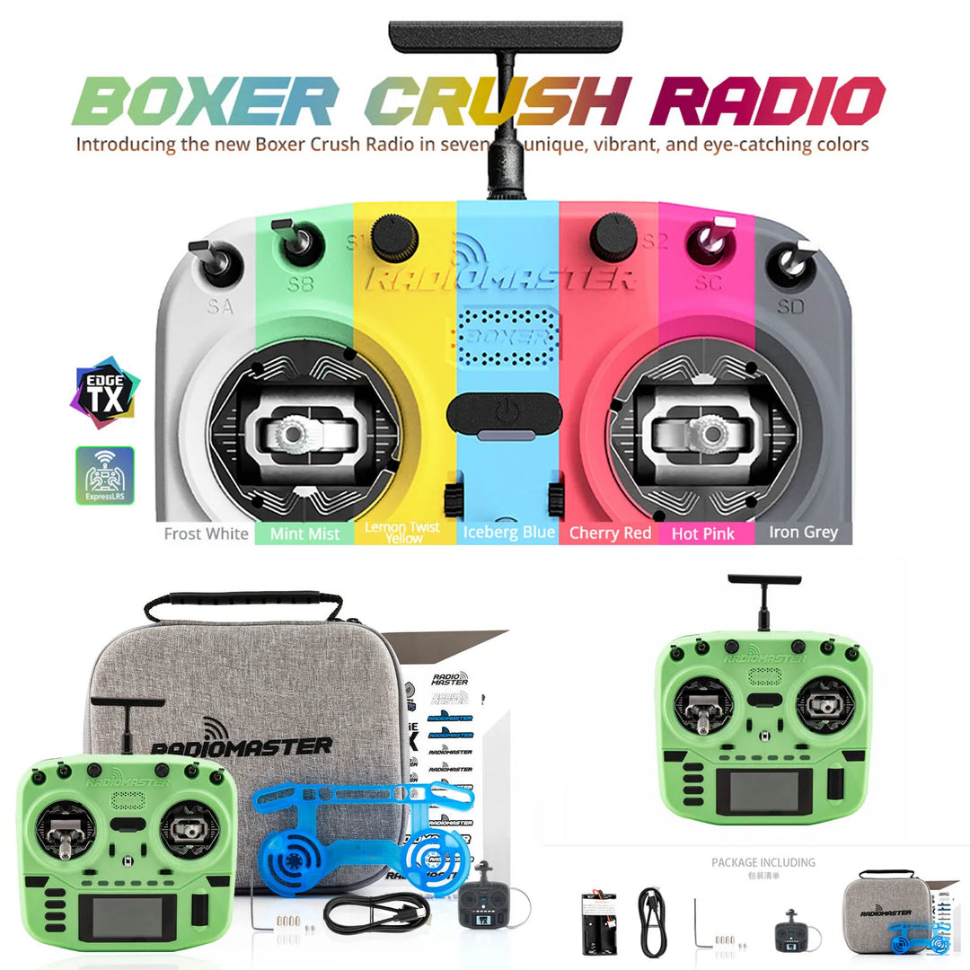 RadioMaster Boxer Crush color lineup and green transmitter accessory kit