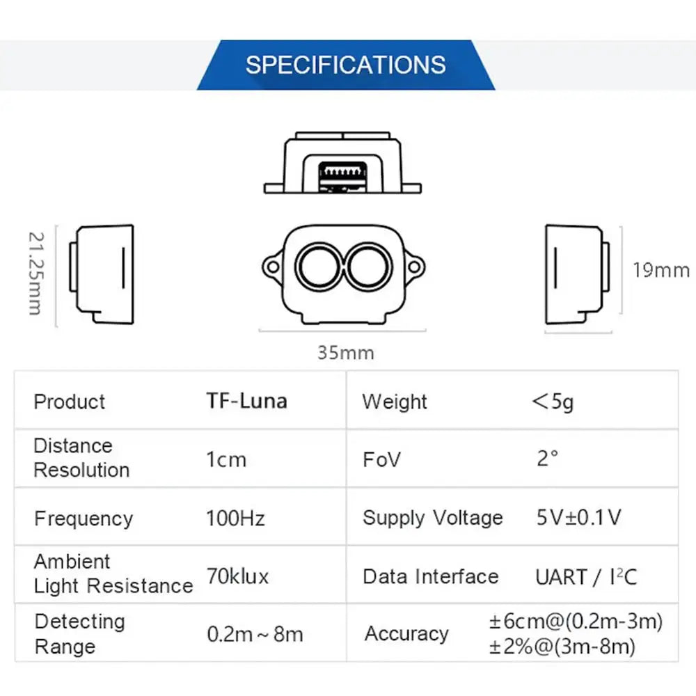 Benewake TF-Luna LiDAR Range Finder Sensor 0.2-8m