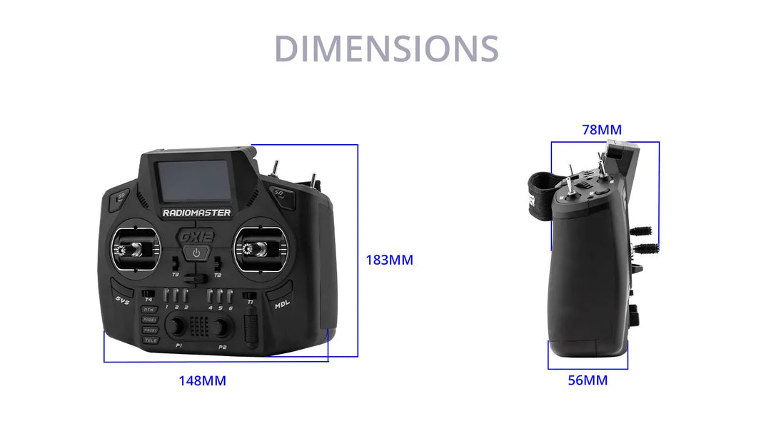 RadioMaster GX12 front and side dimension diagram