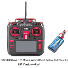 Red RadioMaster TX16S MKII MAX ELRS Mode 2 LBT transmitter with 5000mAh battery, front view