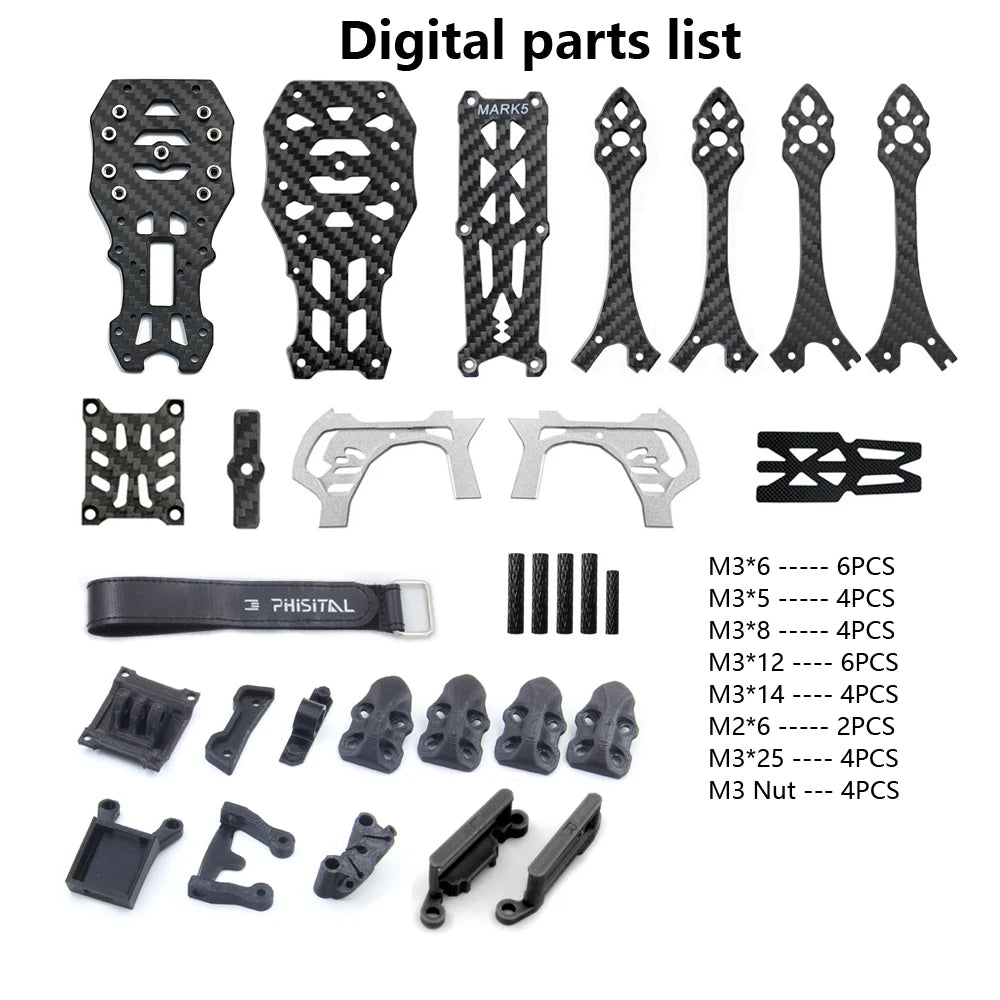 PhiSital Mark5 HD 225mm Carbon Fiber FPV Frame Kit 5inch for Digital O3 air RC Quadcopter FPV Racing Drone BN220 GPS DIY parts