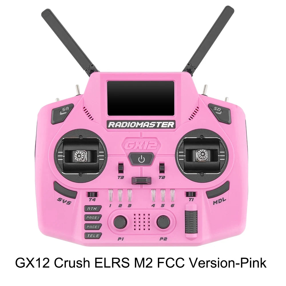 Pink RadioMaster GX12 Crush ELRS Mode 2 FCC transmitter, front view