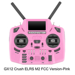 Pink RadioMaster GX12 Crush ELRS Mode 2 FCC transmitter, front view