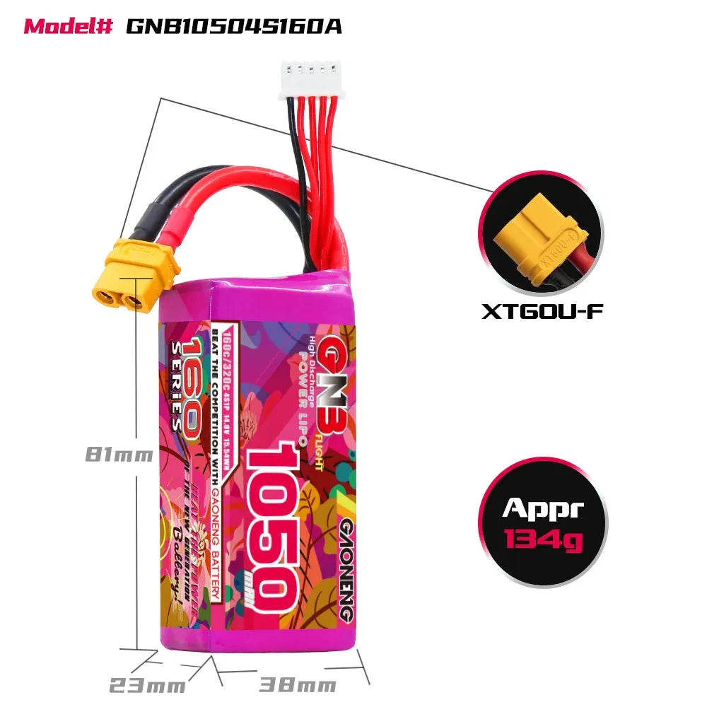 Gaoneng GNB 160C LiPo Battery XT60 — 4S & 6S, 1050-1730mAh for 3-6" FPV Drones