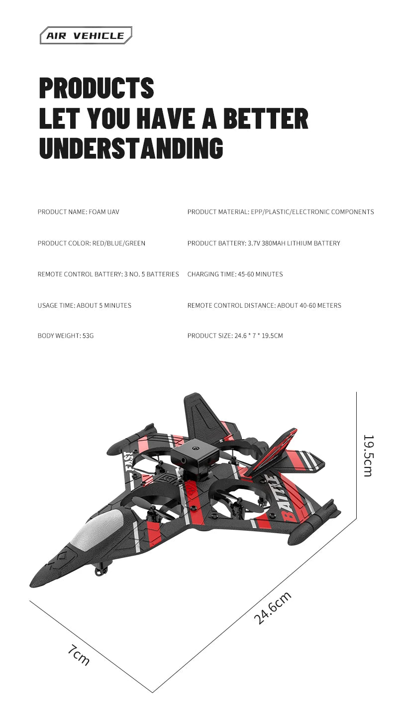 RC Aircraft with Camera Obstacle Avoidance Fighter 2.4G Airplane EPP Foam Plane Remote Control Helicopter Toys For Children Gift - Thedroneflight